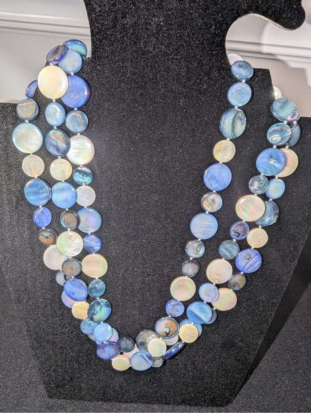 Multi-Strand Blue and White Mother of Pearl Disc Necklace